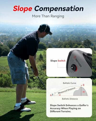 Golfer using slope compensation device for accurate distance measurement.