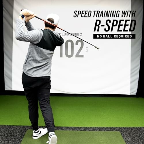 Man practicing golf swing indoors with R-Speed training