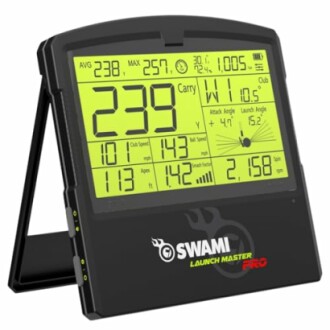 Golf swing analyzer display showing various metrics like carry distance, club speed, and launch angle.