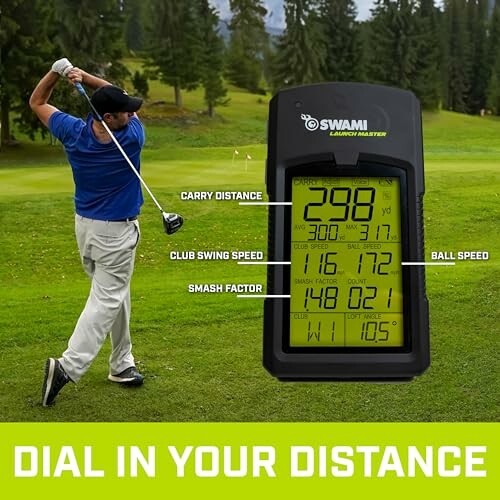 Golfer swinging with distance measuring device in foreground.