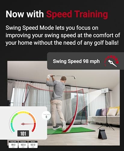 Person using indoor golf swing speed training setup.