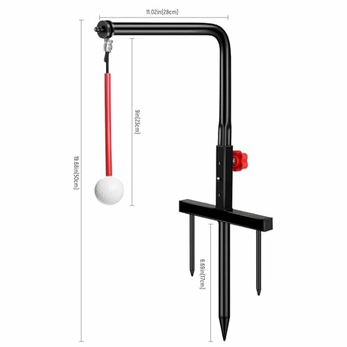 Golf swing training aid with dimensions and ball attachment.