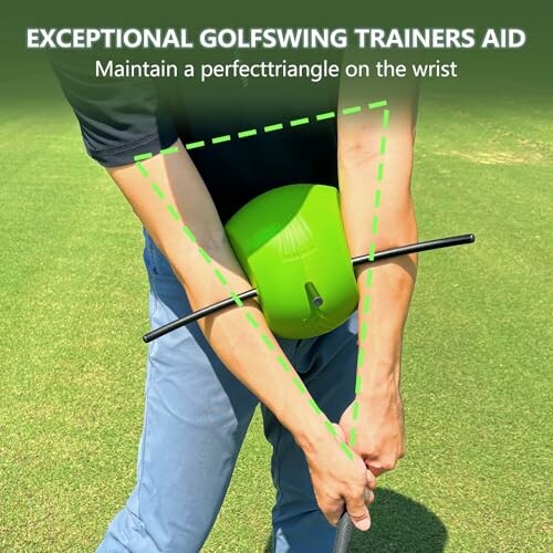 Golfer using a swing trainer aid to maintain a wrist triangle.