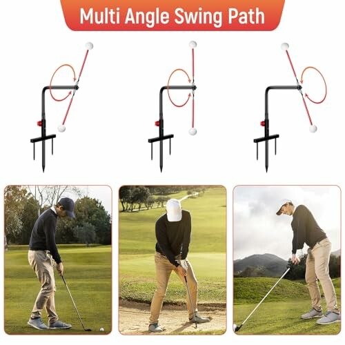 Golf swing trainer illustrating multi-angle swing path with golfer practicing.