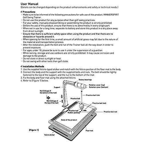 User manual for a golf swing trainer with safety precautions and installation methods.