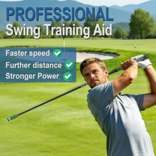 Man using golf swing training aid on a golf course.