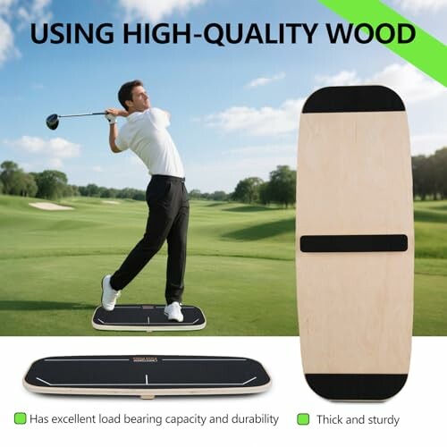 Man using a golf swing training board on a golf course.