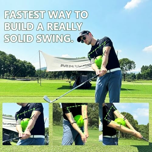 Man practicing golf swing with training aid on a sunny day.
