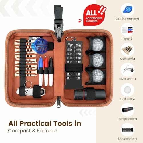 Compact golf tool set with accessories and storage case.
