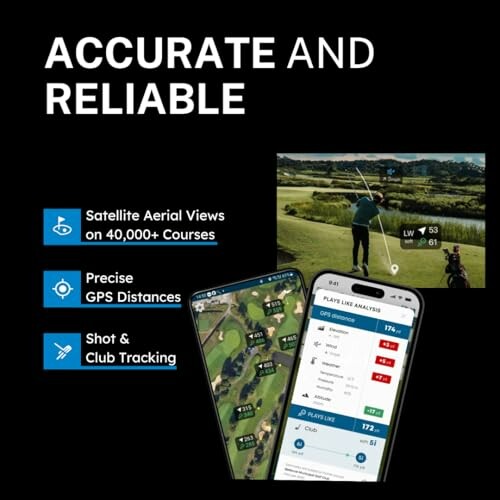 Golf tracking app features: satellite views, GPS distances, shot tracking.