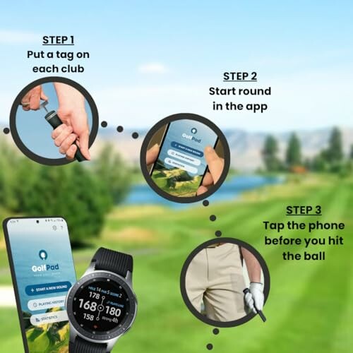 Golf tracking app steps with smartwatch integration.