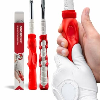 Golf training aid grip with red handle and glove.