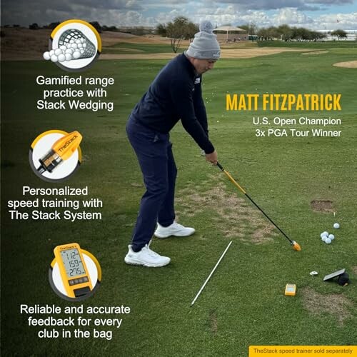 Golfer using training aid with gamified range practice and speed training features.