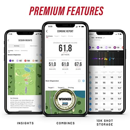 Three smartphones displaying golf training app features, including session insights, combine report, and shot storage.