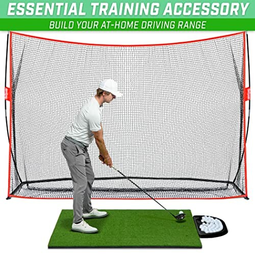 Person practicing golf swing with training net and mat.