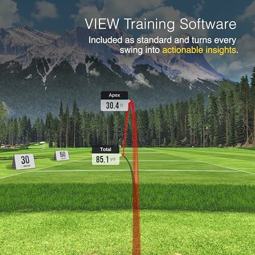 Golf training software interface showing swing metrics like apex and total distance.