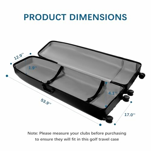 Golf travel case dimensions with open view and measurements.