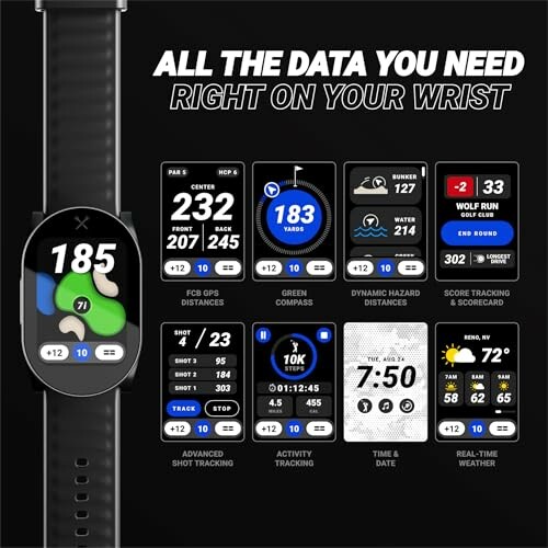 Golf watch with various data displays including GPS, scores, and activity tracking.