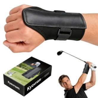 Golf wrist support brace worn during a swing with packaging.