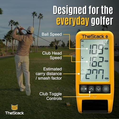 Golfer using swing analyzer with display showing ball speed, club head speed, estimated carry distance, and club toggle controls.