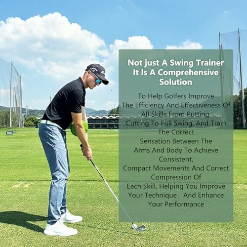 Golfer using a training aid on the course with instructional text.