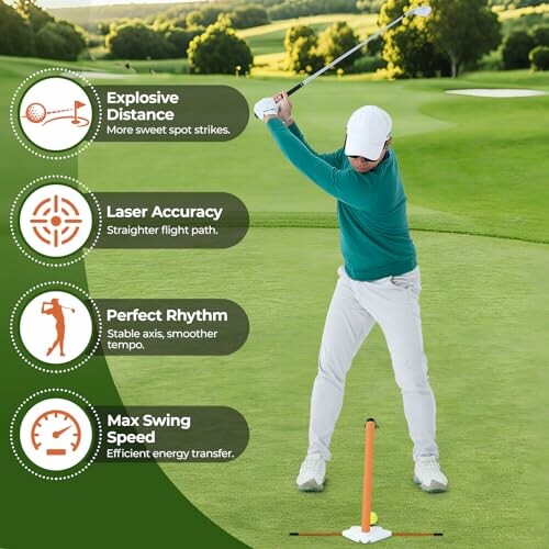 Golfer using training aids to improve swing on a golf course.