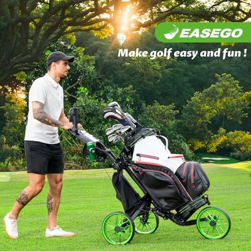 Golfer pushing a golf cart on a grassy field.