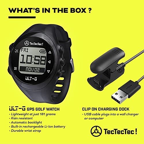 GPS golf watch with clip-on charging dock.