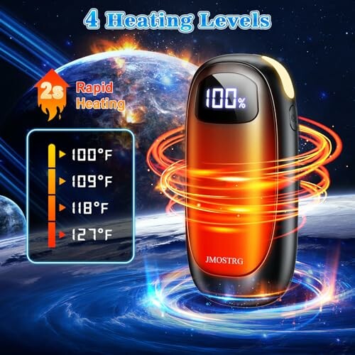 Portable hand warmer with 4 heating levels and rapid heating feature.