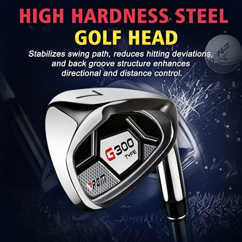 High hardness steel golf head with text about swing path stabilization.