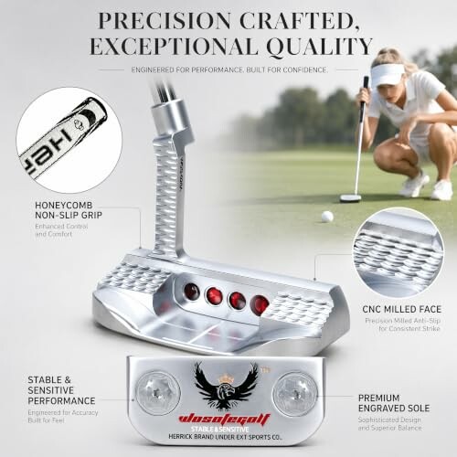 High-quality precision crafted golf putter with CNC milled face and honeycomb non-slip grip.