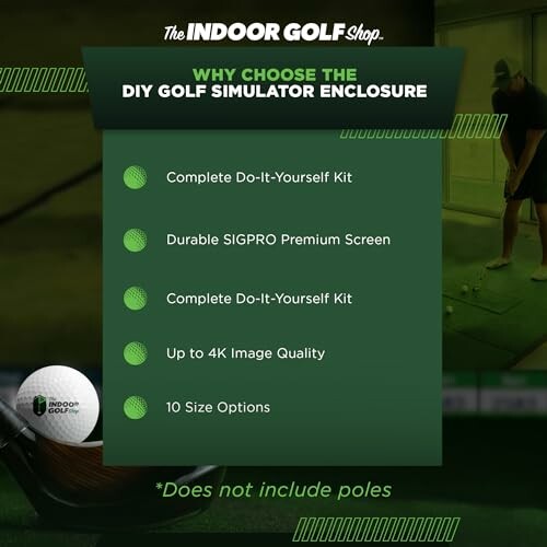 Benefits of DIY golf simulator enclosure with features listed.