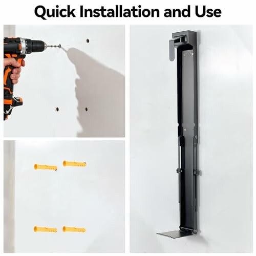 Step-by-step installation of a wall-mounted bracket using a drill and wall plugs.