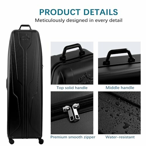Details of a large black suitcase with solid handle, middle handle, premium zipper, and water-resistant material.