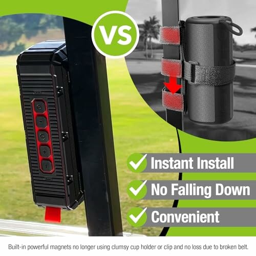 Comparison of magnetic speaker holder and traditional holder with instant install, no falling down, and convenience features.