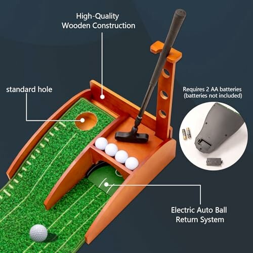 Mini golf putting set with auto ball return and wooden construction.