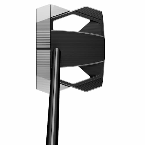 Modern black and silver golf putter head design.