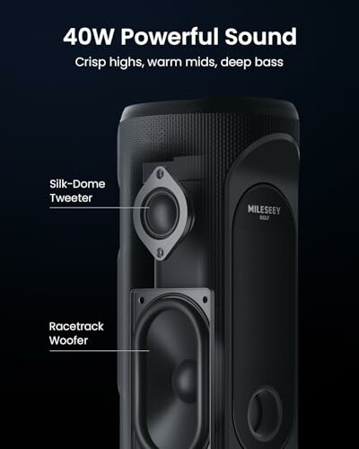 Bluetooth speaker with 40W power, featuring silk-dome tweeter and racetrack woofer.