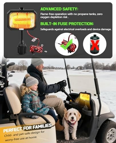 Portable heater with safety features used in a golf cart with family and dog in winter.