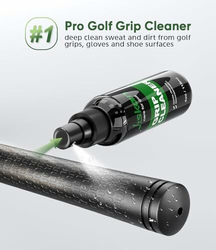 Pro Golf Grip Cleaner spray bottle cleaning a golf grip.