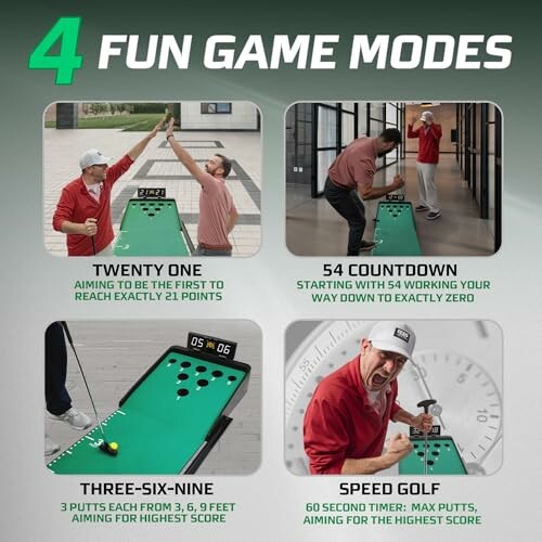 Four fun game modes for a putting game, including Twenty One, 54 Countdown, Three-Six-Nine, and Speed Golf.