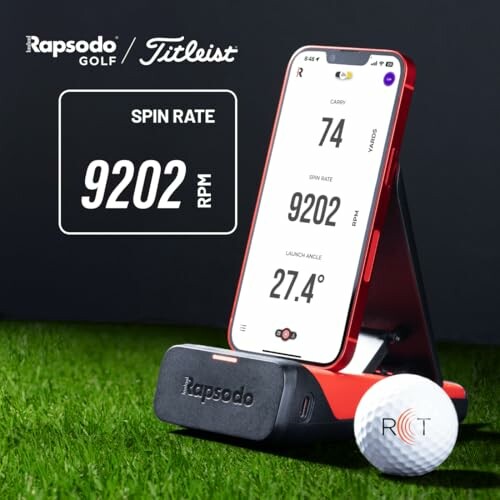 Rapsodo golf device showing spin rate and launch angle on phone.