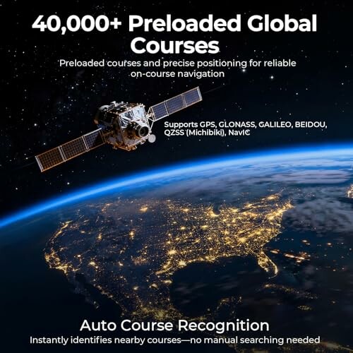 Satellite over Earth with text about preloaded global courses and auto course recognition.