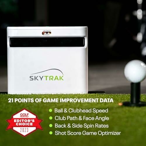 SkyTrak golf launch monitor with features and awards displayed.