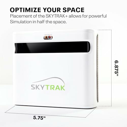 SkyTrak golf simulator with dimensions and space optimization features.