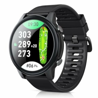 Smartwatch displaying golf course map and data.
