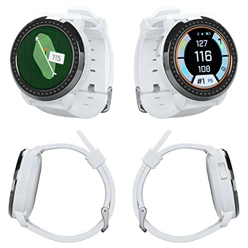 White smartwatch with golf GPS display, front and side views.