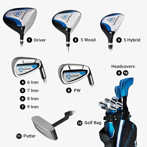 Strata golf club set with driver, wood, hybrid, irons, putter, and bag.