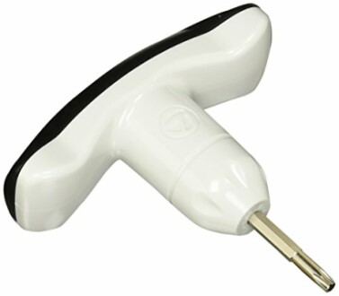T-shaped golf club adjustment tool with a metal bit.