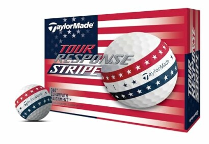 TaylorMade Tour Response Stripe golf balls with patriotic design packaging.